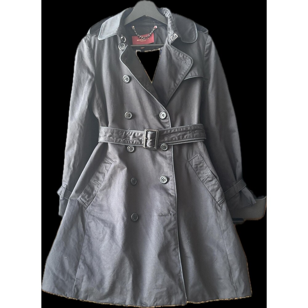Vintage Burberry London Black Trench Coat Belted Double Breasted Long A Line Des